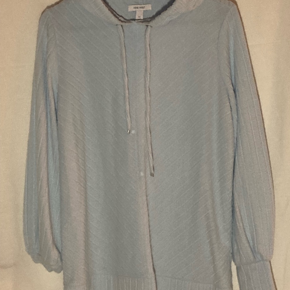 Women’s Light Blue Ribbed Fuzzy Sweater with Hood